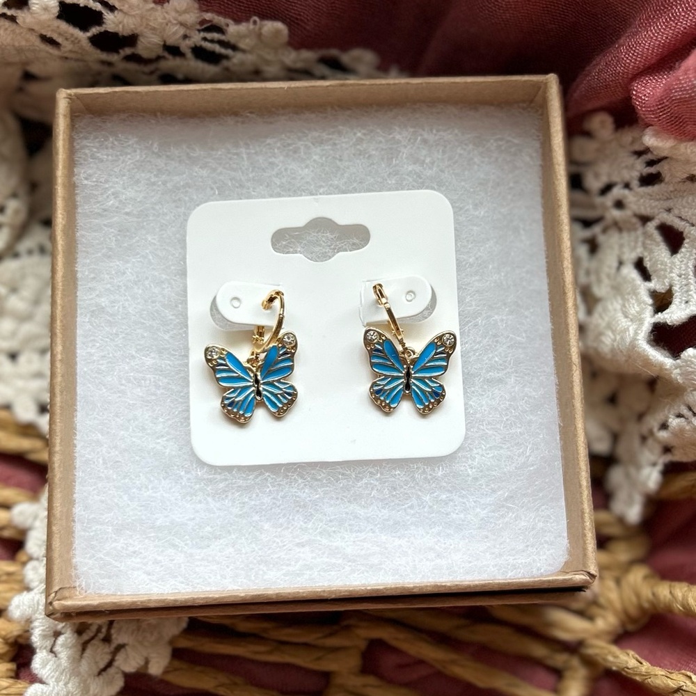 Gold Plated 18k Huggie Hoop Butterfly Earrings Blue Whimsical Cottage